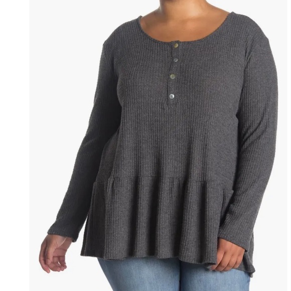 Forgotten Grace Tops - Forgotten Grace Long Sleeve Button Down Grey Waffle Knit Peplum Top Size 2X